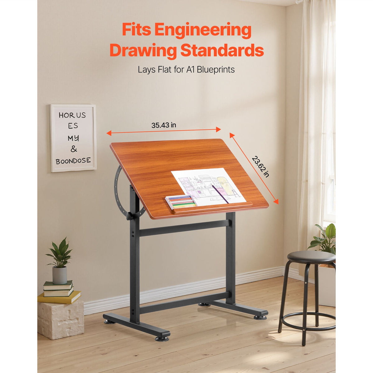 Drafting Table, Adjustable 0°–90° Tilt Drawing Desk, Portable Artist Table with Black H-Frame and Brown Desktop, Wooden Painting Desk Craft Workstation for Reading, Writing, Crafting, Meeting