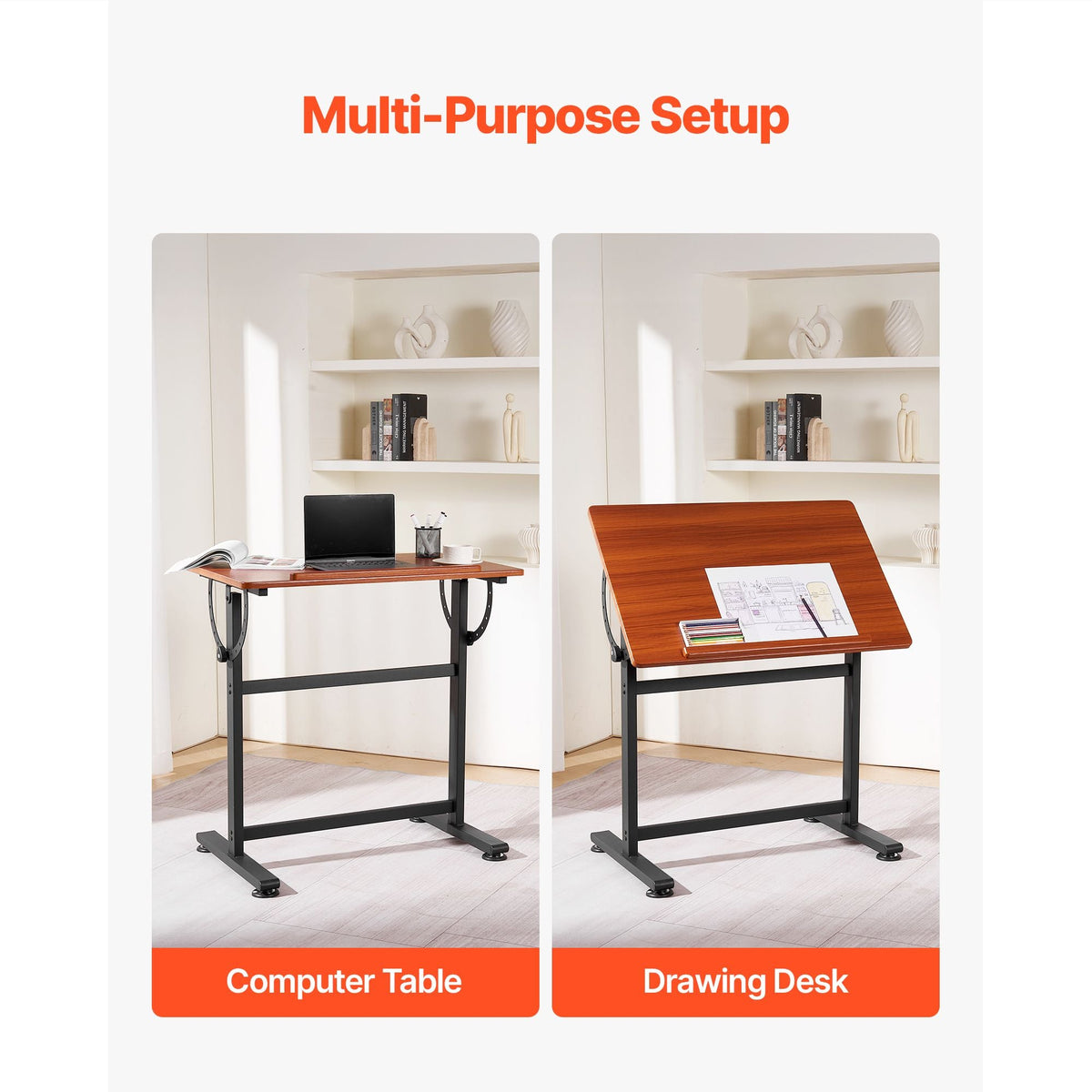 Drafting Table, Adjustable 0°–90° Tilt Drawing Desk, Portable Artist Table with Black H-Frame and Brown Desktop, Wooden Painting Desk Craft Workstation for Reading, Writing, Crafting, Meeting