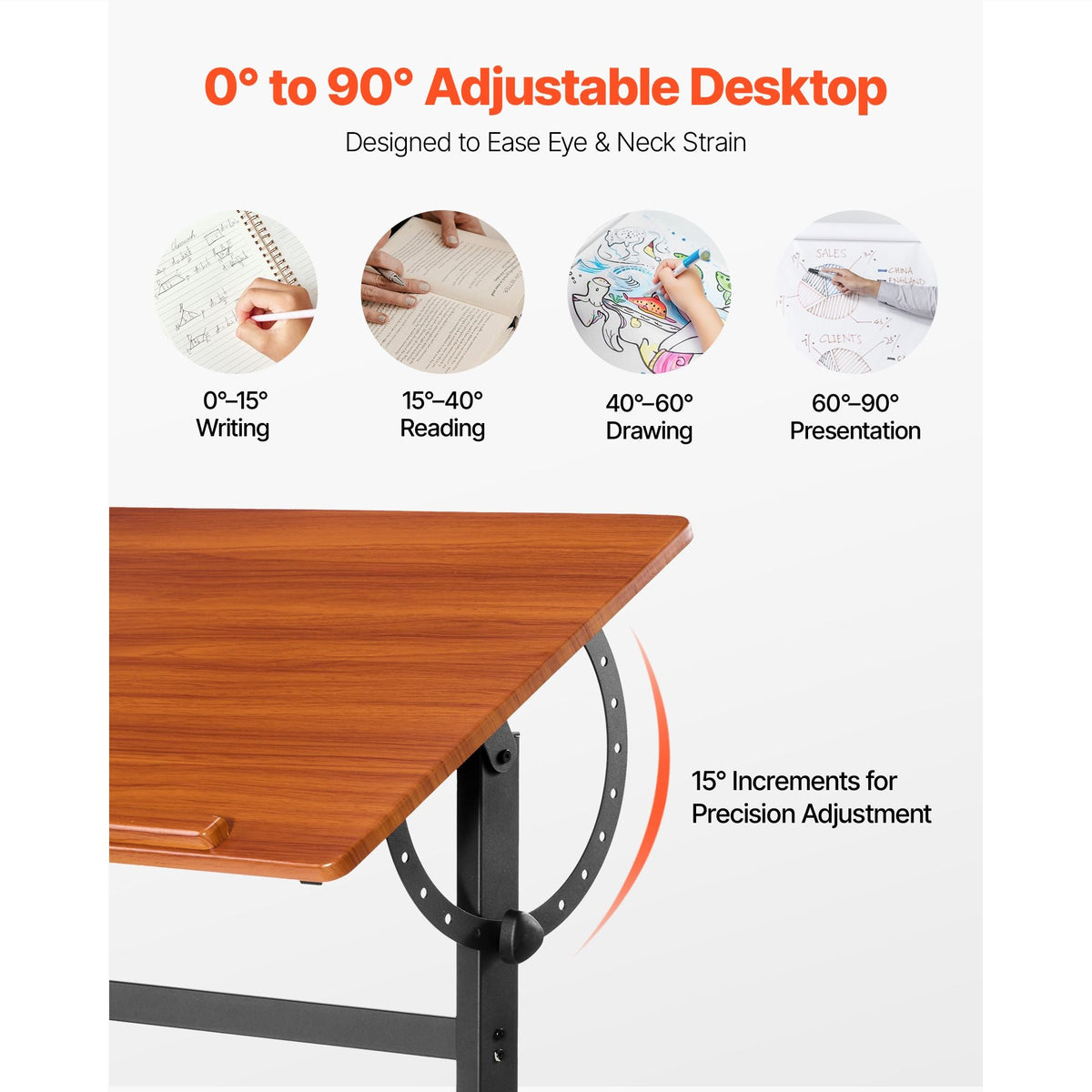 Drafting Table, Adjustable 0°–90° Tilt Drawing Desk, Portable Artist Table with Black H-Frame and Brown Desktop, Wooden Painting Desk Craft Workstation for Reading, Writing, Crafting, Meeting