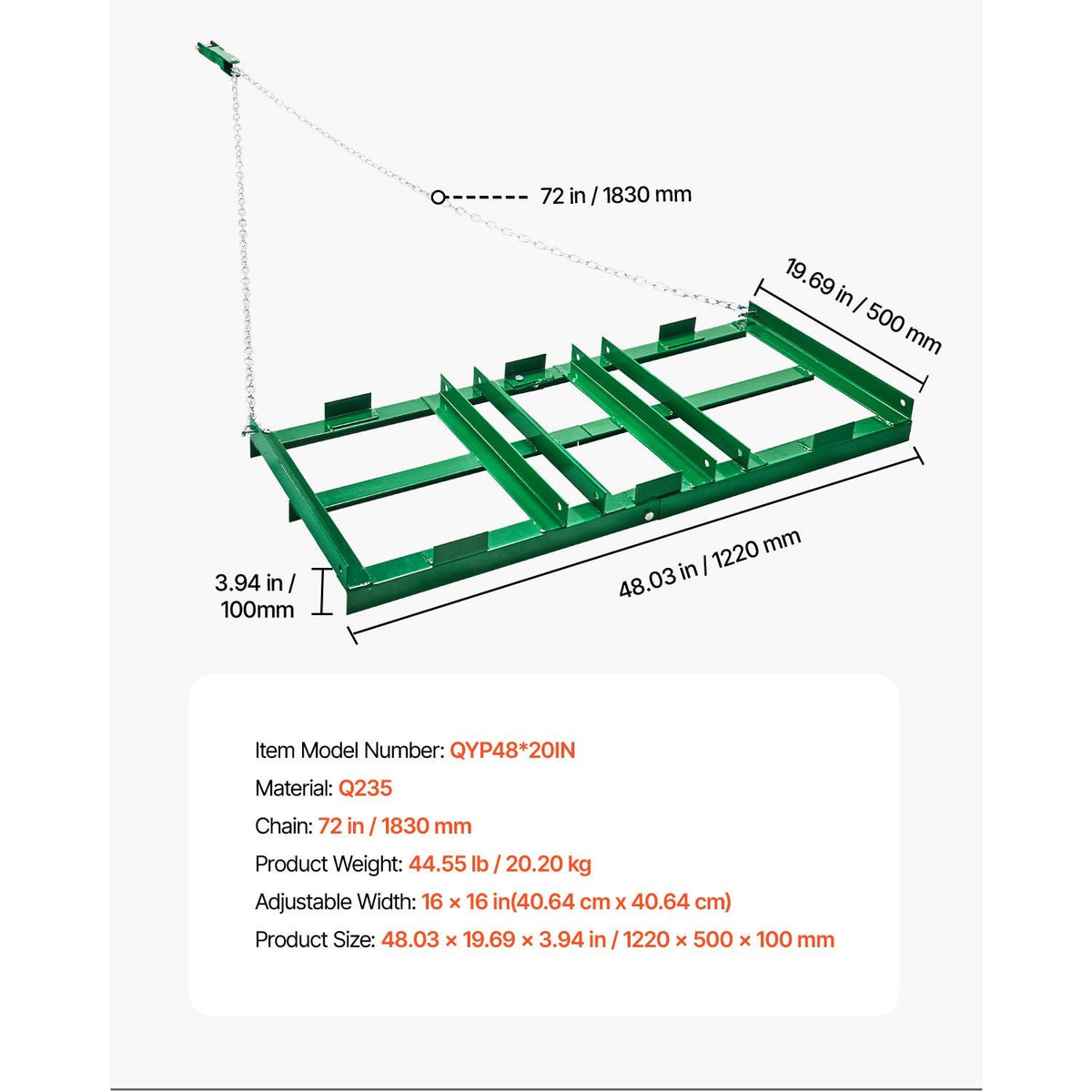 Drag Harrow, 4 ft Heavy Duty Tow Behind Drag Harrow with Adjustable Bars & 72 in Chain, Driveway Grader Landscape Rake for ATV, UTV, Tractor, Mower Tow Behind Yard Lawn Leveling Tool