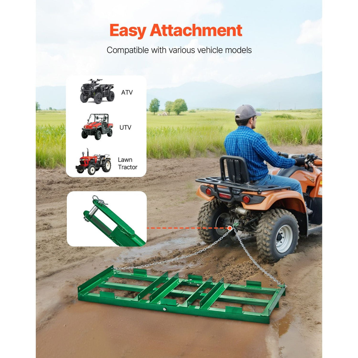 Drag Harrow, 4 ft Heavy Duty Tow Behind Drag Harrow with Adjustable Bars & 72 in Chain, Driveway Grader Landscape Rake for ATV, UTV, Tractor, Mower Tow Behind Yard Lawn Leveling Tool