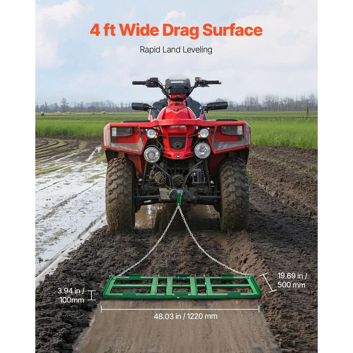 Drag Harrow, 4 ft Heavy Duty Tow Behind Drag Harrow with Adjustable Bars & 72 in Chain, Driveway Grader Landscape Rake for ATV, UTV, Tractor, Mower Tow Behind Yard Lawn Leveling Tool