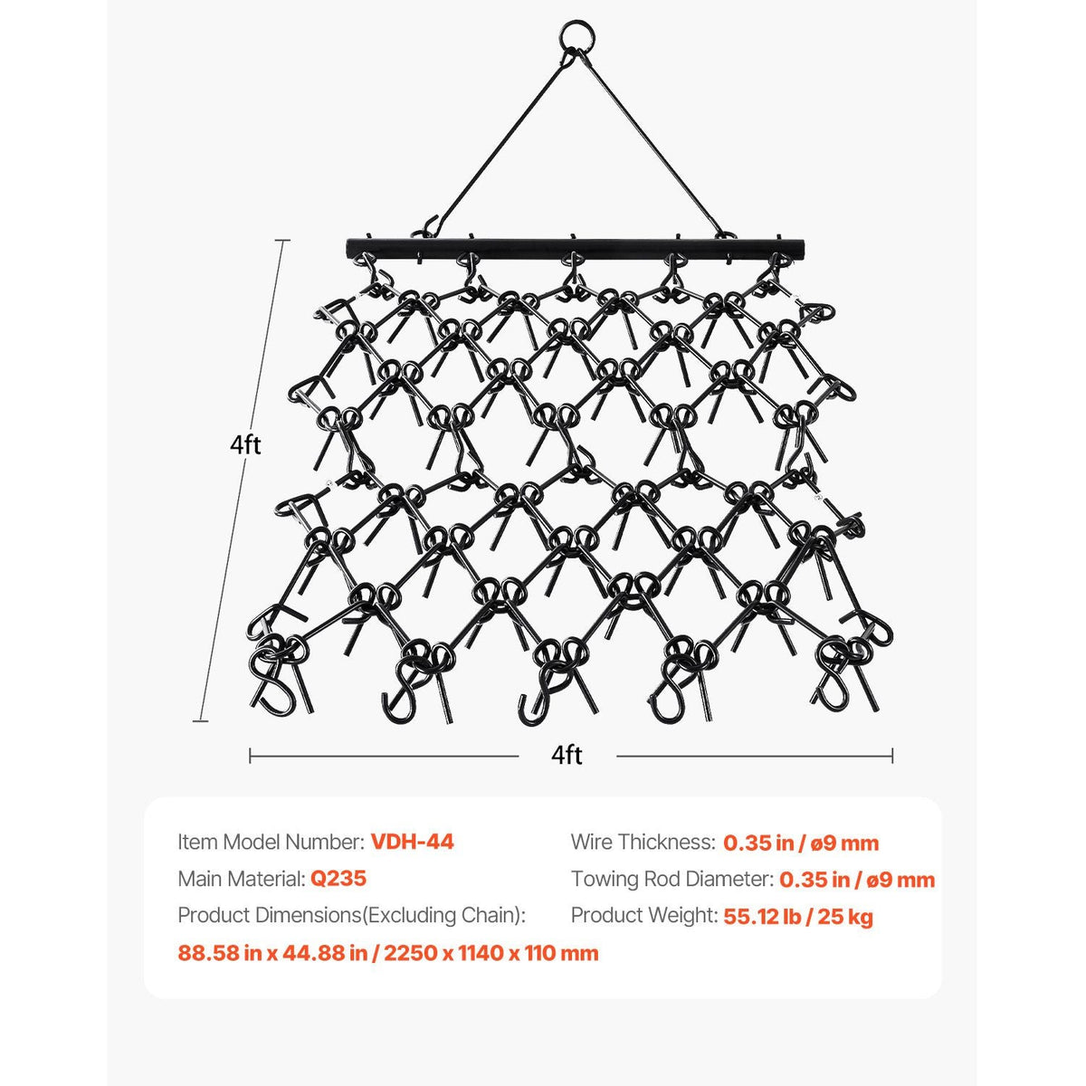 Drag Harrow, 4 x 4 ft Durable Chain Harrow with 69 Sharp Teeth, Suitable for ATV UTV Tractor, Ideal for Soil Preparation, Seeding, Smoothing Landscapes, and Yard Gravel Driveway Maintenance