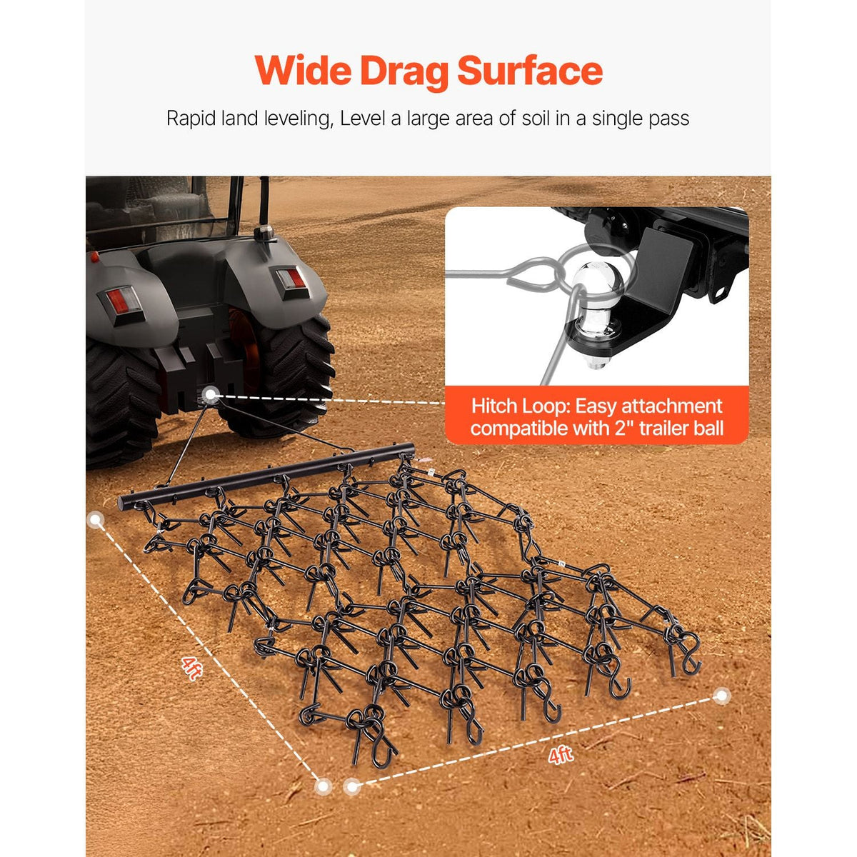 Drag Harrow, 4 x 4 ft Durable Chain Harrow with 69 Sharp Teeth, Suitable for ATV UTV Tractor, Ideal for Soil Preparation, Seeding, Smoothing Landscapes, and Yard Gravel Driveway Maintenance