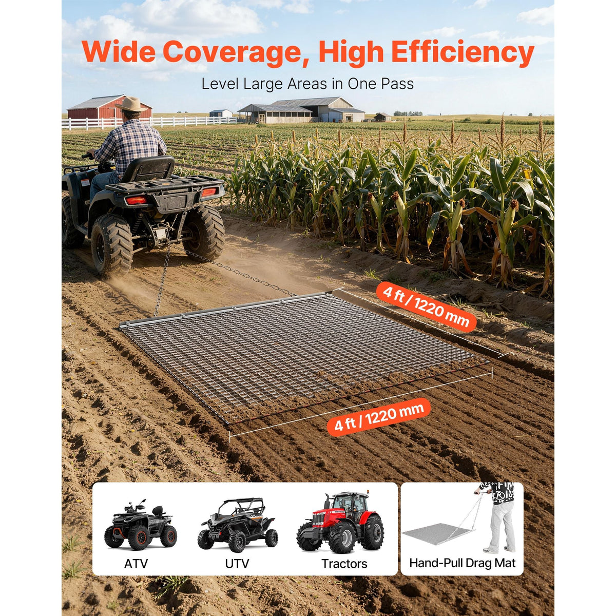Drag Harrow, 4 x 4 ft, High-Efficiency Chain Harrow Rake, ATVs UTVs Tractors Attachments, Durable Galvanized Steel Mesh Drag Mat with Towing Chain, for Gravel Driveway Ruts Farm Field Leveling