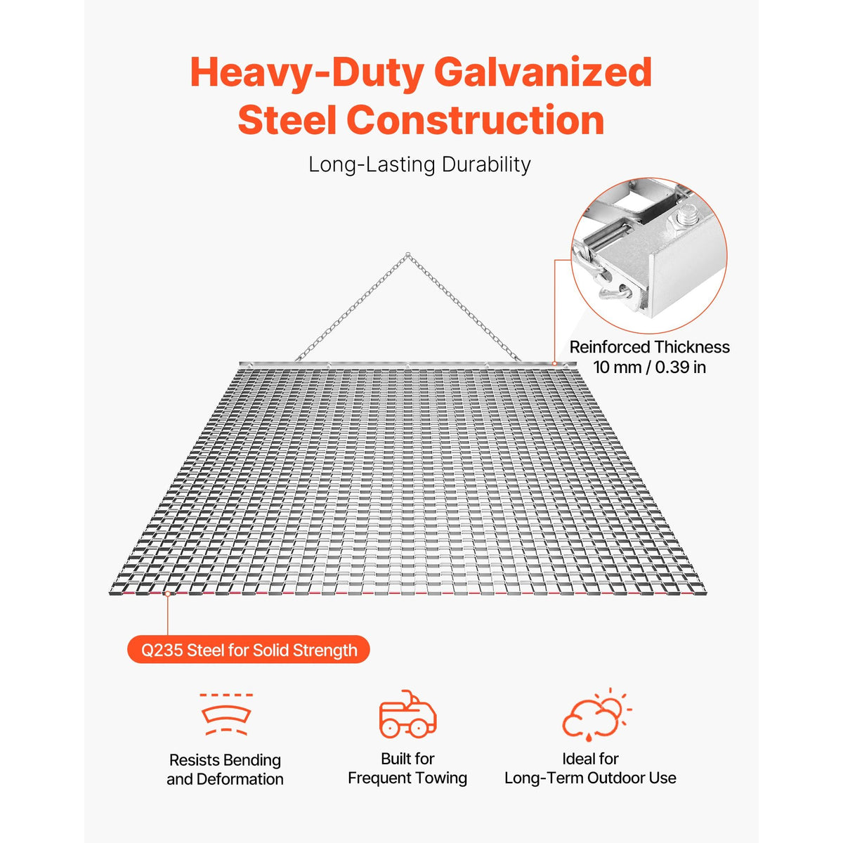 Drag Harrow, 4 x 4 ft, High-Efficiency Chain Harrow Rake, ATVs UTVs Tractors Attachments, Durable Galvanized Steel Mesh Drag Mat with Towing Chain, for Gravel Driveway Ruts Farm Field Leveling