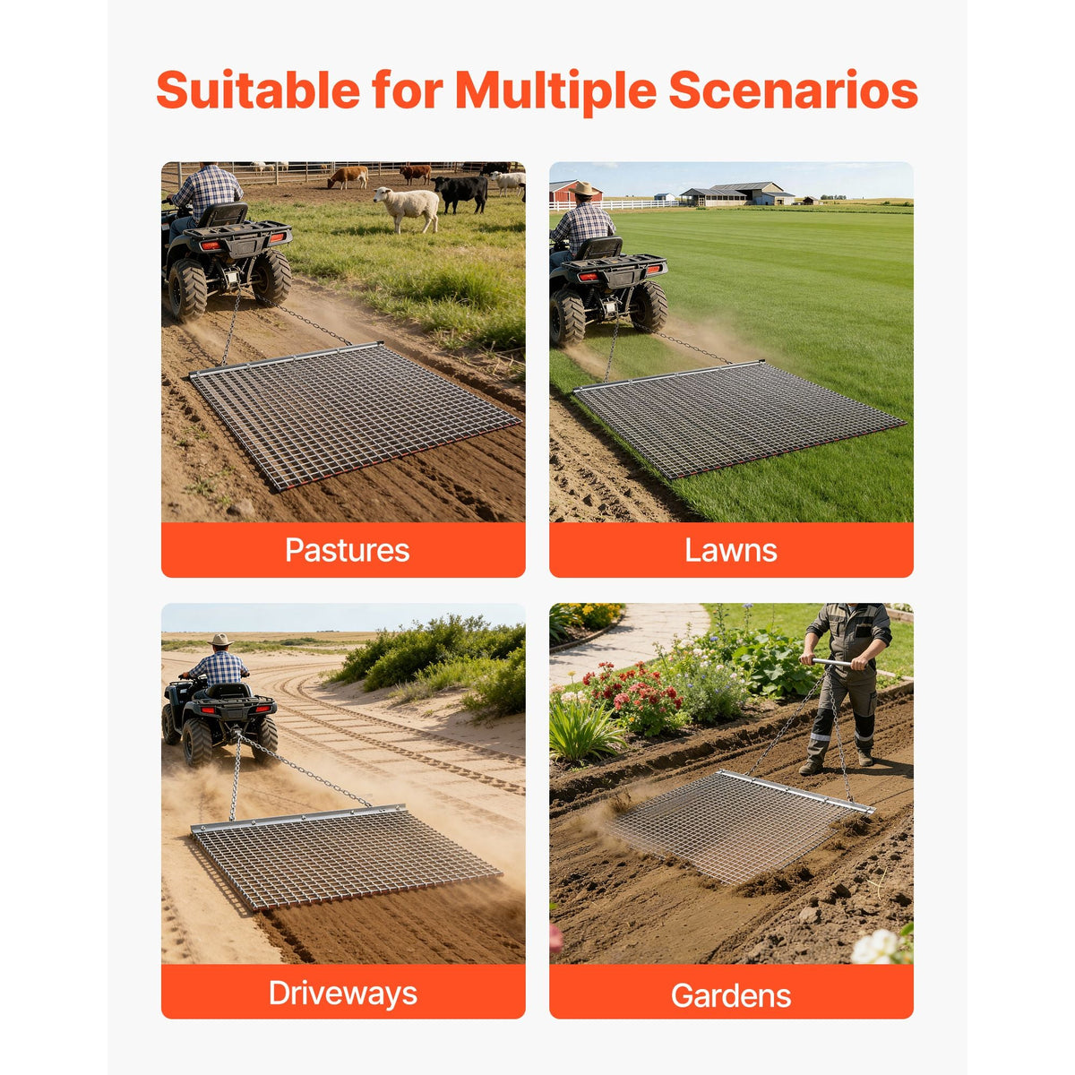 Drag Harrow, 4 x 4 ft, High-Efficiency Chain Harrow Rake, ATVs UTVs Tractors Attachments, Durable Galvanized Steel Mesh Drag Mat with Towing Chain, for Gravel Driveway Ruts Farm Field Leveling