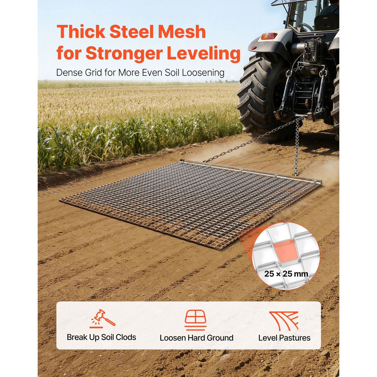 Drag Harrow, 4 x 4 ft, High-Efficiency Chain Harrow Rake, ATVs UTVs Tractors Attachments, Durable Galvanized Steel Mesh Drag Mat with Towing Chain, for Gravel Driveway Ruts Farm Field Leveling