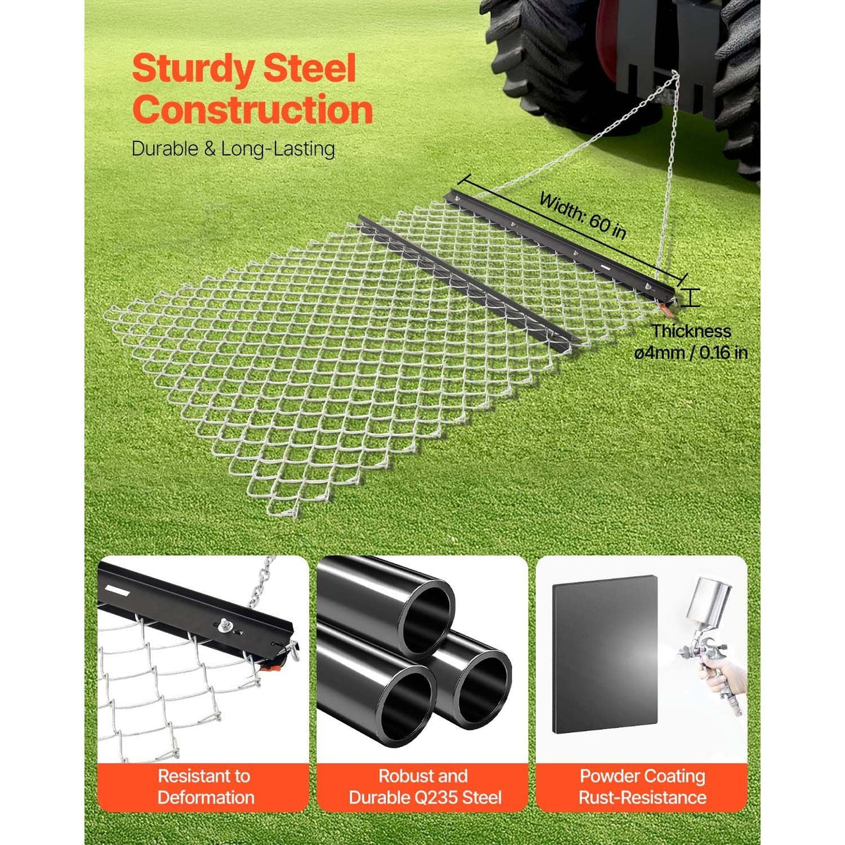 Drag Harrow, 4 x 5 ft Chain Harrow - Made from Q235 Steel, UTV Tractor Attachments for Landscape Leveling or Sod Prepping, Durable Harrow Rake for Gravel Driveway, Farm Field Garden Black