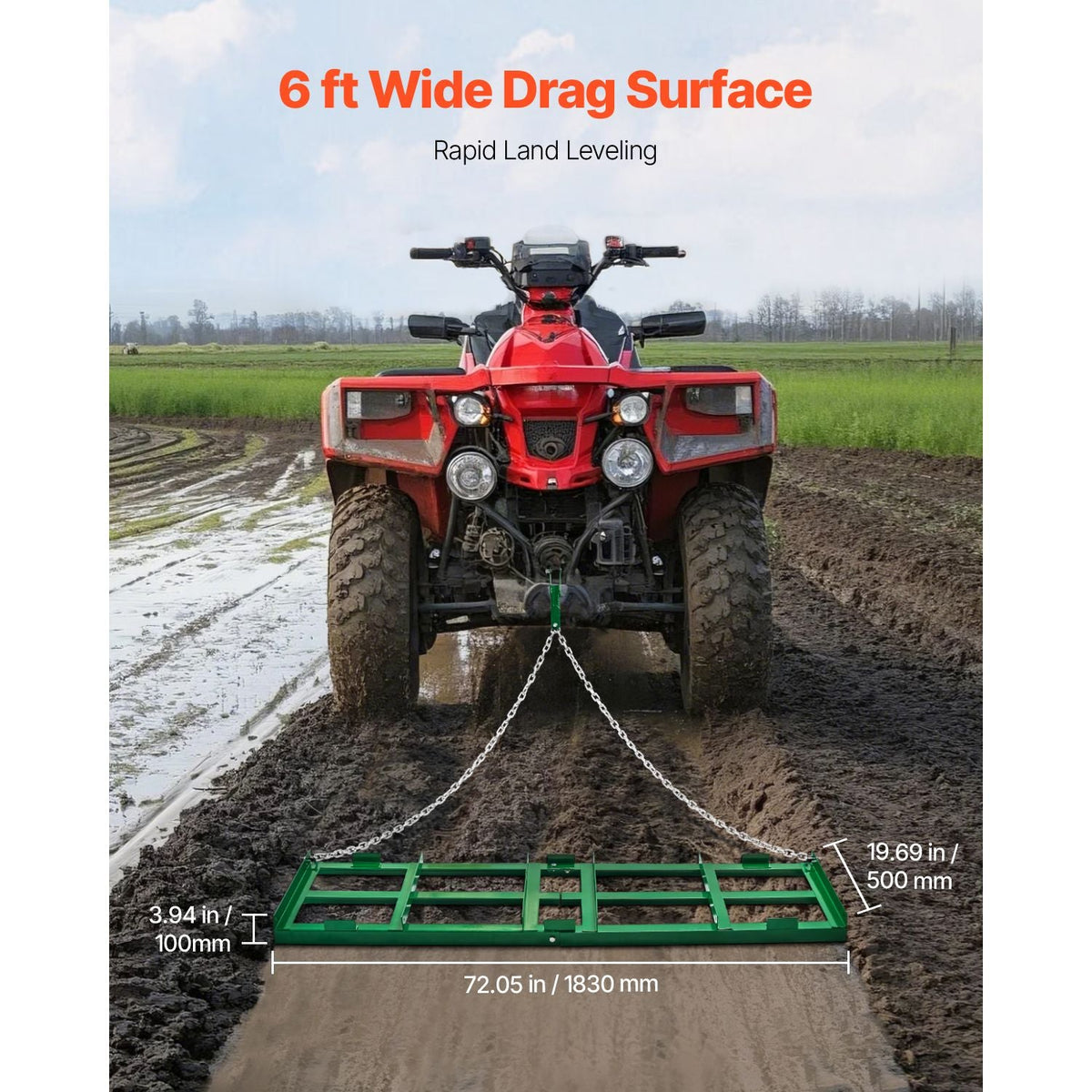 Drag Harrow, 6 ft Heavy Duty Tow Behind Drag Harrow with Adjustable Bars & 72 in Chain, Driveway Grader Landscape Rake for ATV, UTV, Tractor, Mower Tow Behind Yard Lawn Leveling Tool