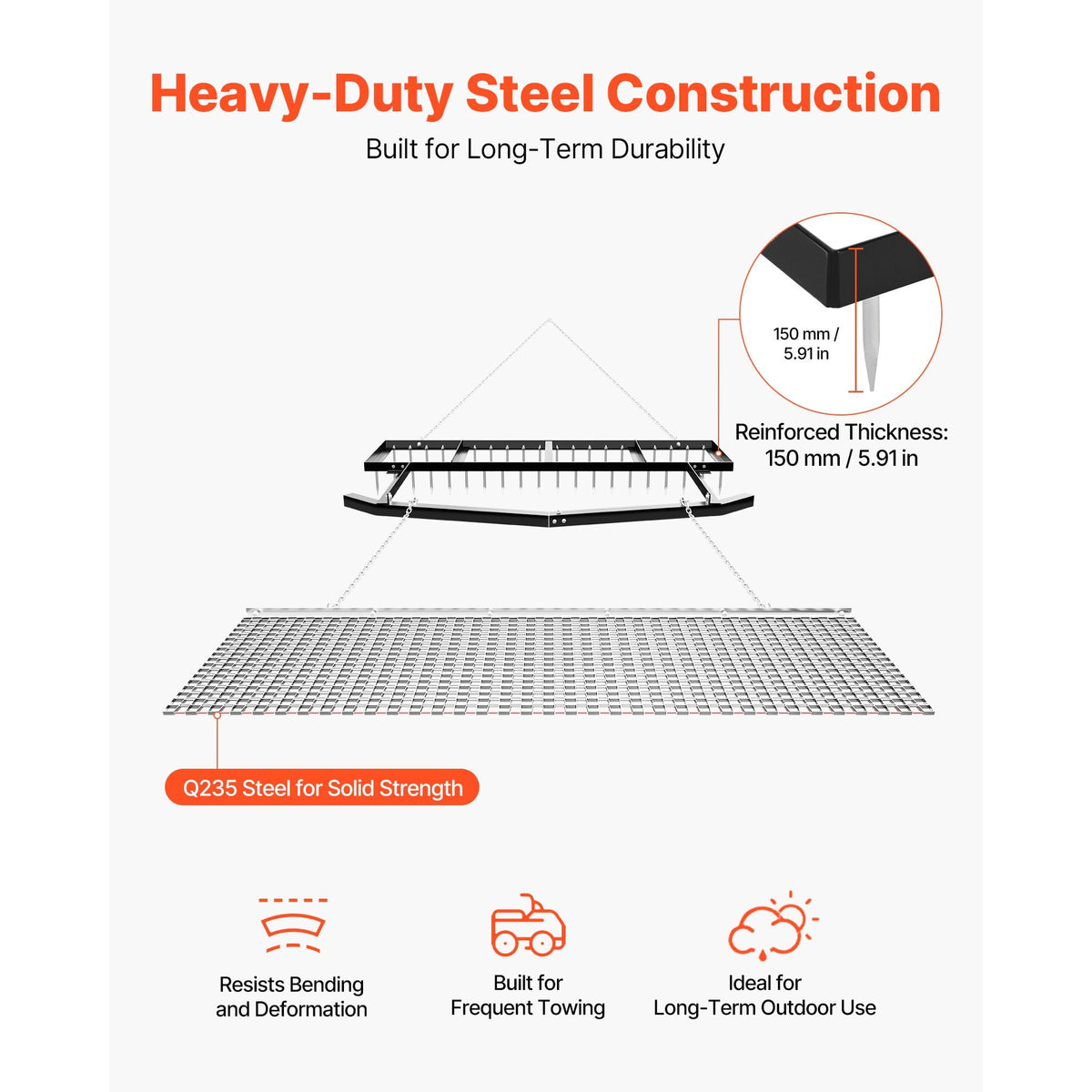 Drag Harrow, 6 ft Tow-Behind Driveway Grader with Chain Harrow, Adjustable Width & 80lbs Load Capacity, Heavy Duty Lawn Leveling Rake, Fits ATVs UTVs Tractors, for Gravel Driveway Field