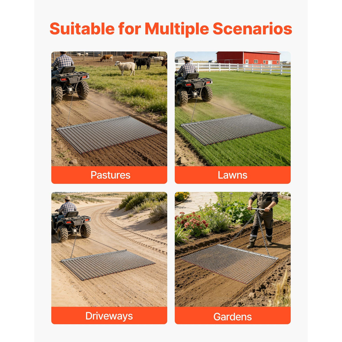 Drag Harrow, 6 x 3 ft, High-Efficiency Chain Harrow Rake, ATVs UTVs Tractors Attachments, Durable Galvanized Steel Mesh Drag Mat with Towing Chain, for Gravel Driveway Ruts Farm Field Leveling