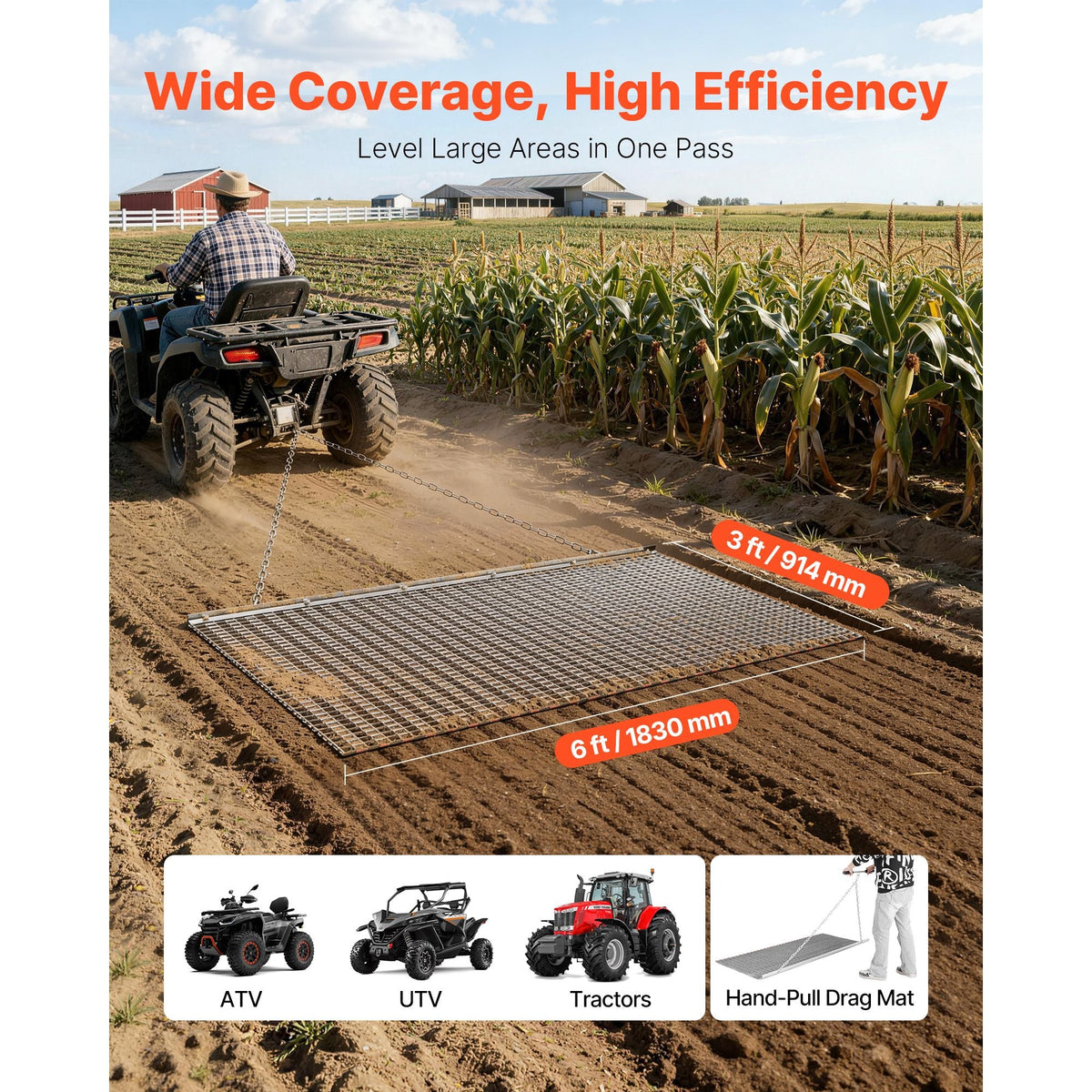Drag Harrow, 6 x 3 ft, High-Efficiency Chain Harrow Rake, ATVs UTVs Tractors Attachments, Durable Galvanized Steel Mesh Drag Mat with Towing Chain, for Gravel Driveway Ruts Farm Field Leveling