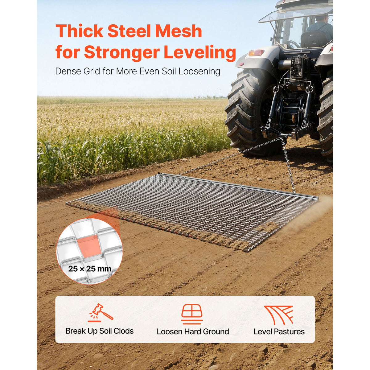 Drag Harrow, 6 x 3 ft, High-Efficiency Chain Harrow Rake, ATVs UTVs Tractors Attachments, Durable Galvanized Steel Mesh Drag Mat with Towing Chain, for Gravel Driveway Ruts Farm Field Leveling