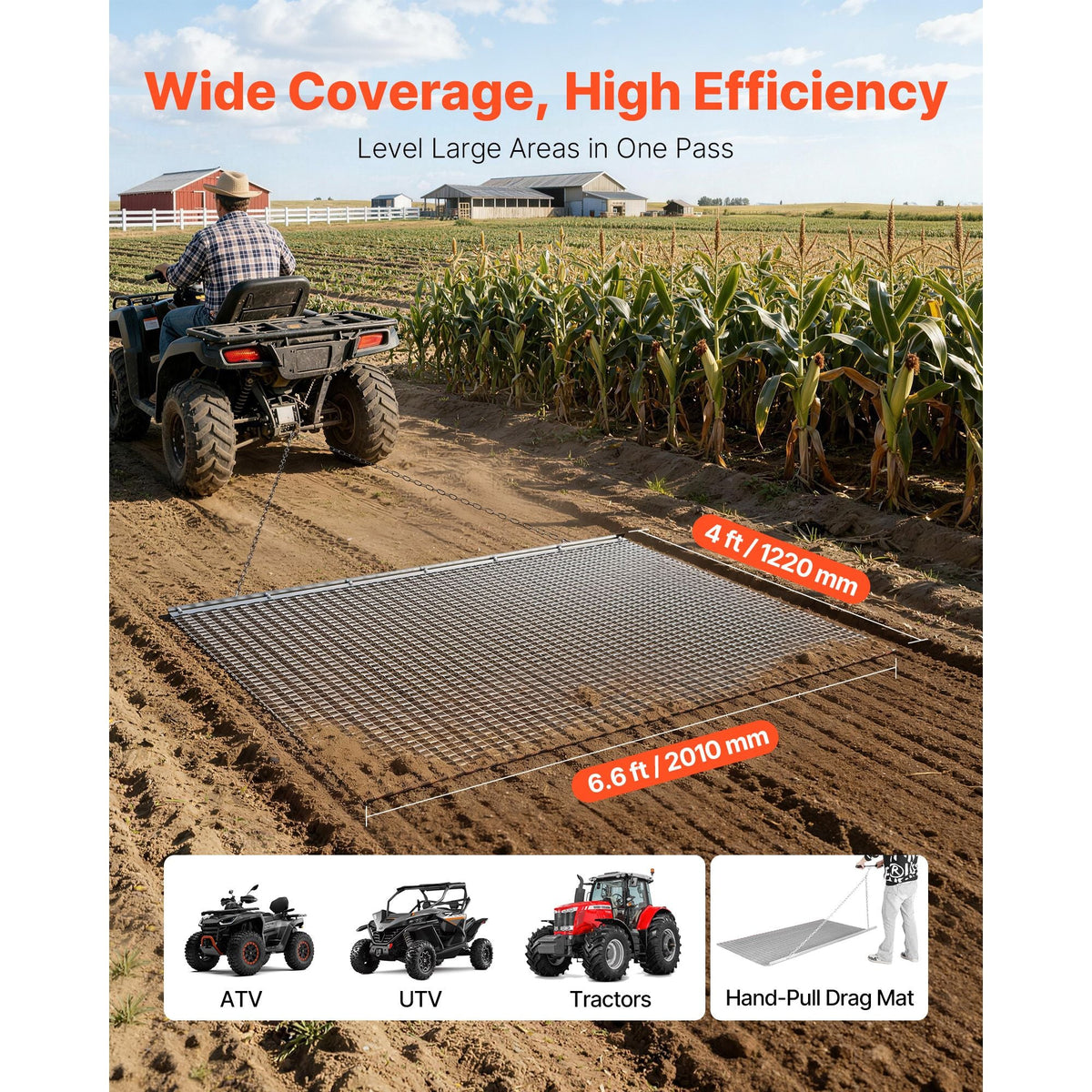Drag Harrow, 6.6 x 4 ft, High-Efficiency Chain Harrow Rake, ATVs UTVs Tractors Attachments, Durable Galvanized Steel Mesh Drag Mat with Towing Chain, for Gravel Driveway Ruts Farm Field Leveling