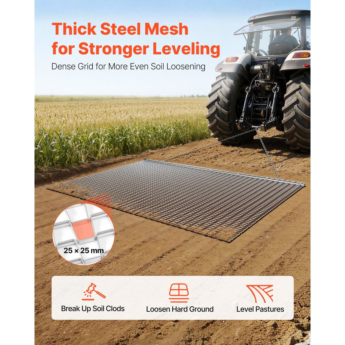 Drag Harrow, 6.6 x 4 ft, High-Efficiency Chain Harrow Rake, ATVs UTVs Tractors Attachments, Durable Galvanized Steel Mesh Drag Mat with Towing Chain, for Gravel Driveway Ruts Farm Field Leveling