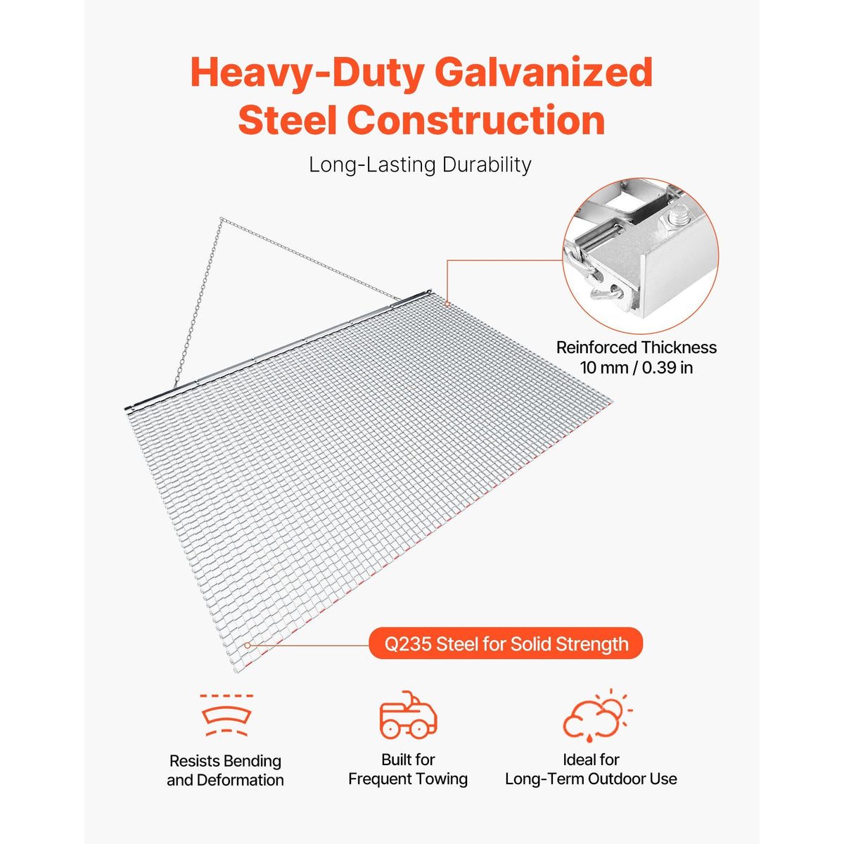 Drag Harrow, 6.6 x 4 ft, High-Efficiency Chain Harrow Rake, ATVs UTVs Tractors Attachments, Durable Galvanized Steel Mesh Drag Mat with Towing Chain, for Gravel Driveway Ruts Farm Field Leveling