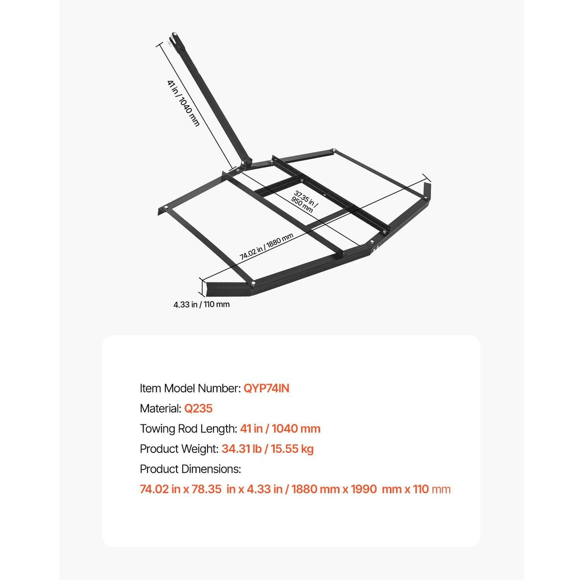 Drag Harrow, 74" Width Tow Behind Drag Harrow, Q235 Steel Driveway Grader with Adjustable Bars & Pin Hitch, Support up to 50 lbs, Tractor Driveway Harrow for ATVs, UTVs, Garden Lawn Tractors