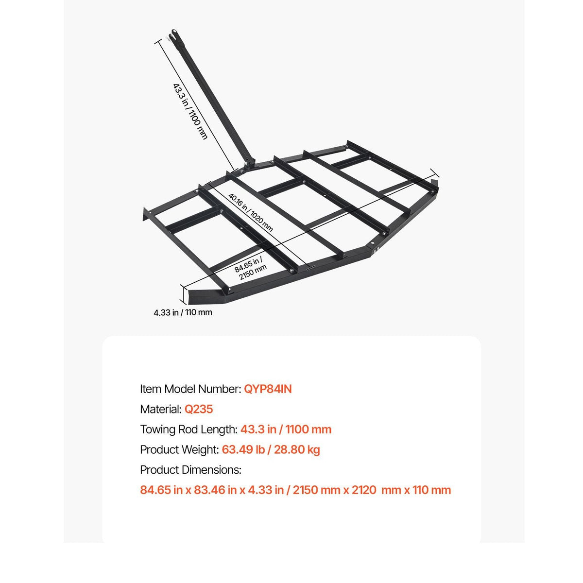 Drag Harrow, 84" Width Tow Behind Drag Harrow, Q235 Steel Driveway Grader with Adjustable Bars & Pin Hitch, Support up to 50 lbs, Tractor Driveway Harrow for ATVs, UTVs, Garden Lawn Tractors