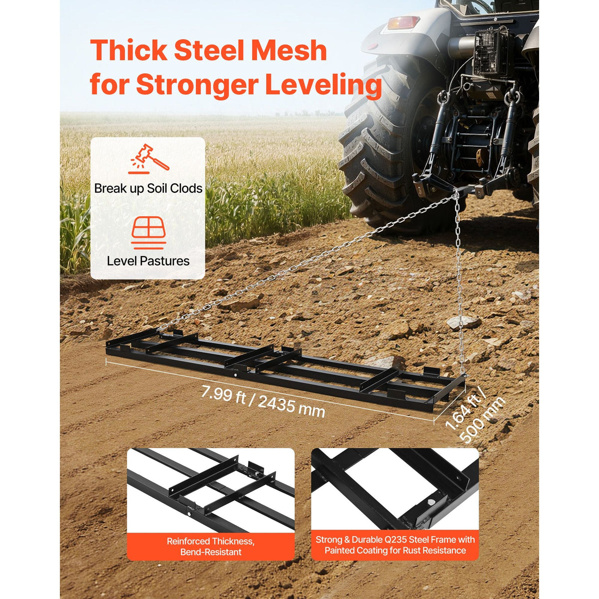 Drag Harrow, 96 x 20 in, Tow-Behind Driveway Grader with Adjustable Width & 50lbs Load Capacity, Heavy Duty Lawn Leveling Rake, Galvanized Steel Gravel Driveway Drag, Fits ATVs UTVs Tractors