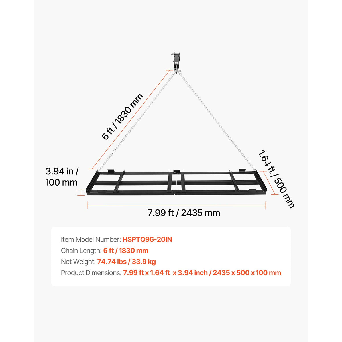 Drag Harrow, 96 x 20 in, Tow-Behind Driveway Grader with Adjustable Width & 50lbs Load Capacity, Heavy Duty Lawn Leveling Rake, Galvanized Steel Gravel Driveway Drag, Fits ATVs UTVs Tractors
