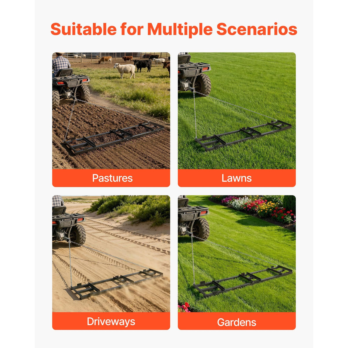 Drag Harrow, 96 x 20 in, Tow-Behind Driveway Grader with Adjustable Width & 50lbs Load Capacity, Heavy Duty Lawn Leveling Rake, Galvanized Steel Gravel Driveway Drag, Fits ATVs UTVs Tractors