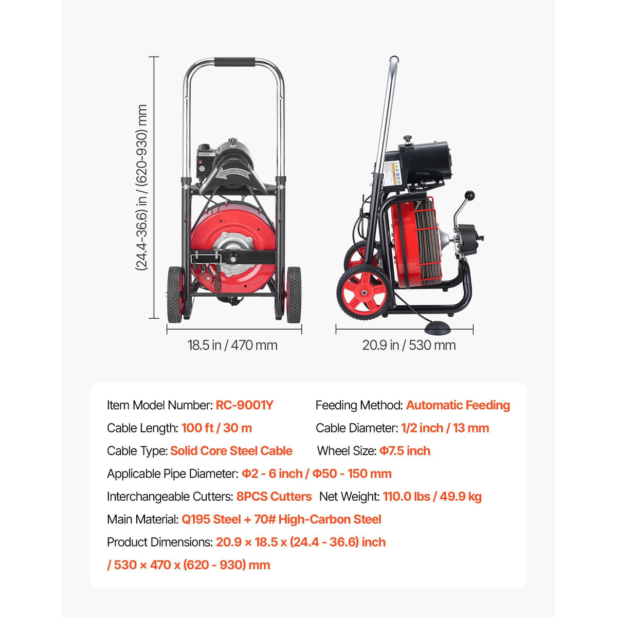 Drain Cleaner Machine 100 FT x 1/2 Inch, Auto Feed Sewer Snake Auger on Wheels - with 8 Cutters & Air-Activated Foot Switch for 2" to 6" Pipes