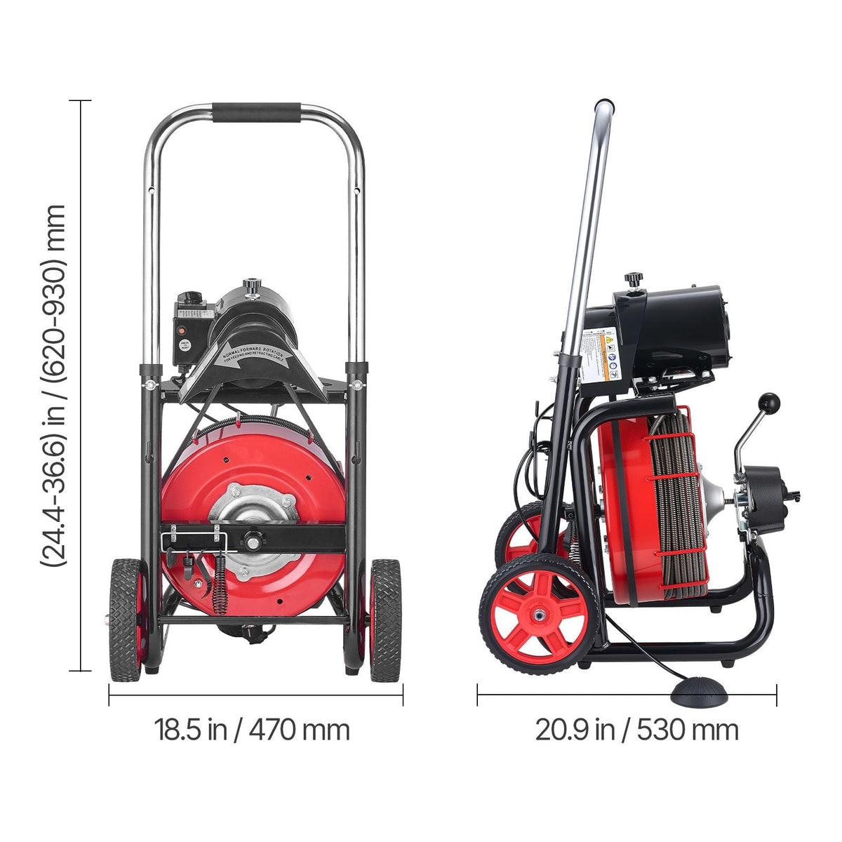 Drain Cleaner Machine 100 FT x 1/2 Inch, Auto Feed Sewer Snake Auger on Wheels - with 8 Cutters & Air-Activated Foot Switch for 2" to 6" Pipes