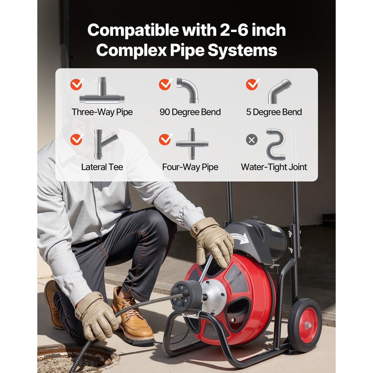 Drain Cleaner Machine 100 FT x 1/2 Inch, Auto Feed Sewer Snake Auger on Wheels, Portable Drain Cleaning Machine with 4 Cutters & Air-activated Foot Switch for 2" to 6" Pipes