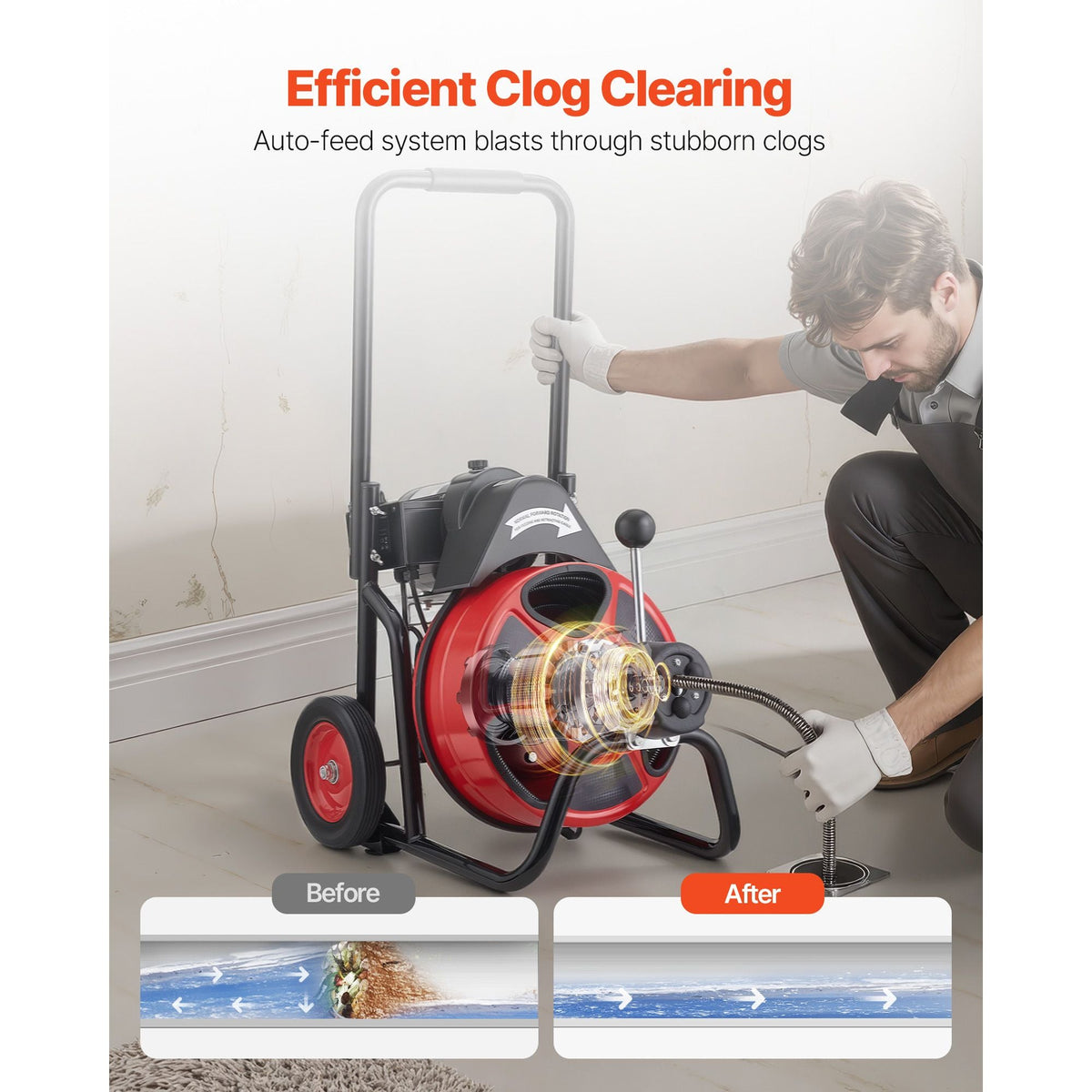Drain Cleaner Machine 100 FT x 1/2 Inch, Auto Feed Sewer Snake Auger on Wheels, Portable Drain Cleaning Machine with 4 Cutters & Air-activated Foot Switch for 2" to 6" Pipes