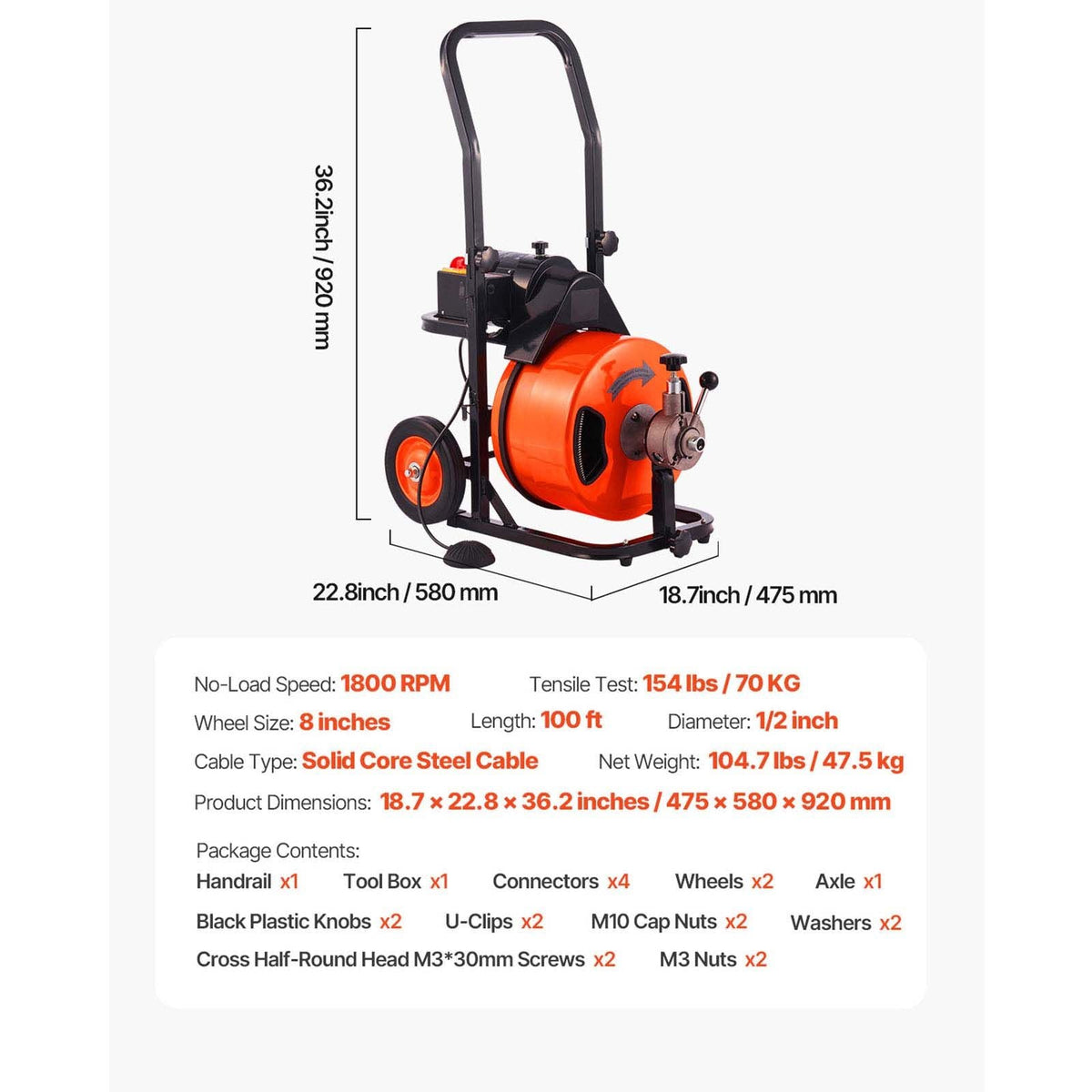 Drain Cleaner Machine 100 FT x 1/2 Inch, Sewer Auger Auto Feed with 4 Cutter & Air-activated Foot Switch for 1" to 4" Pipes, Orange, Black
