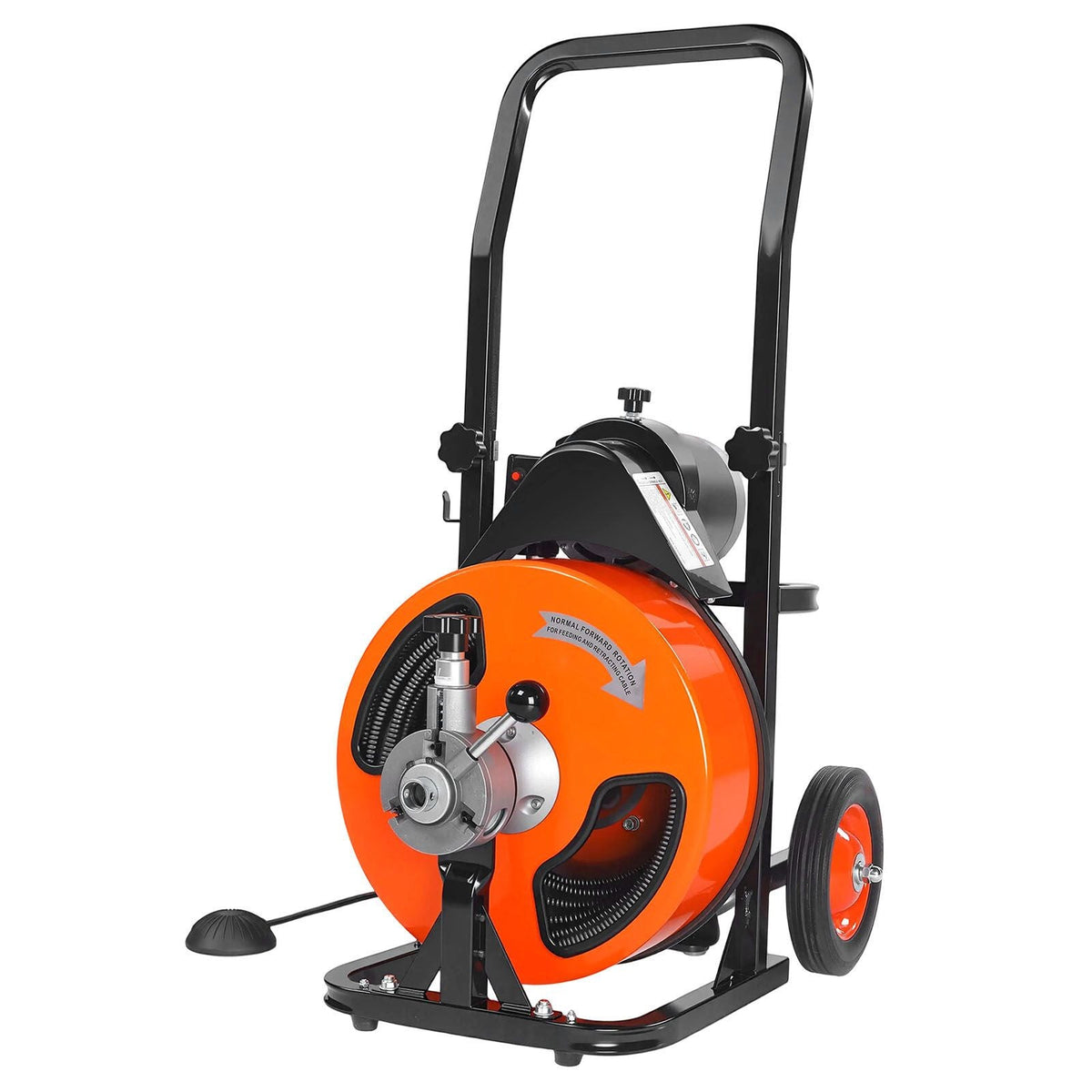 Drain Cleaner Machine 100 FT x 1/2 Inch, Sewer Auger Auto Feed with 4 Cutter & Air-activated Foot Switch for 1" to 4" Pipes, Orange, Black