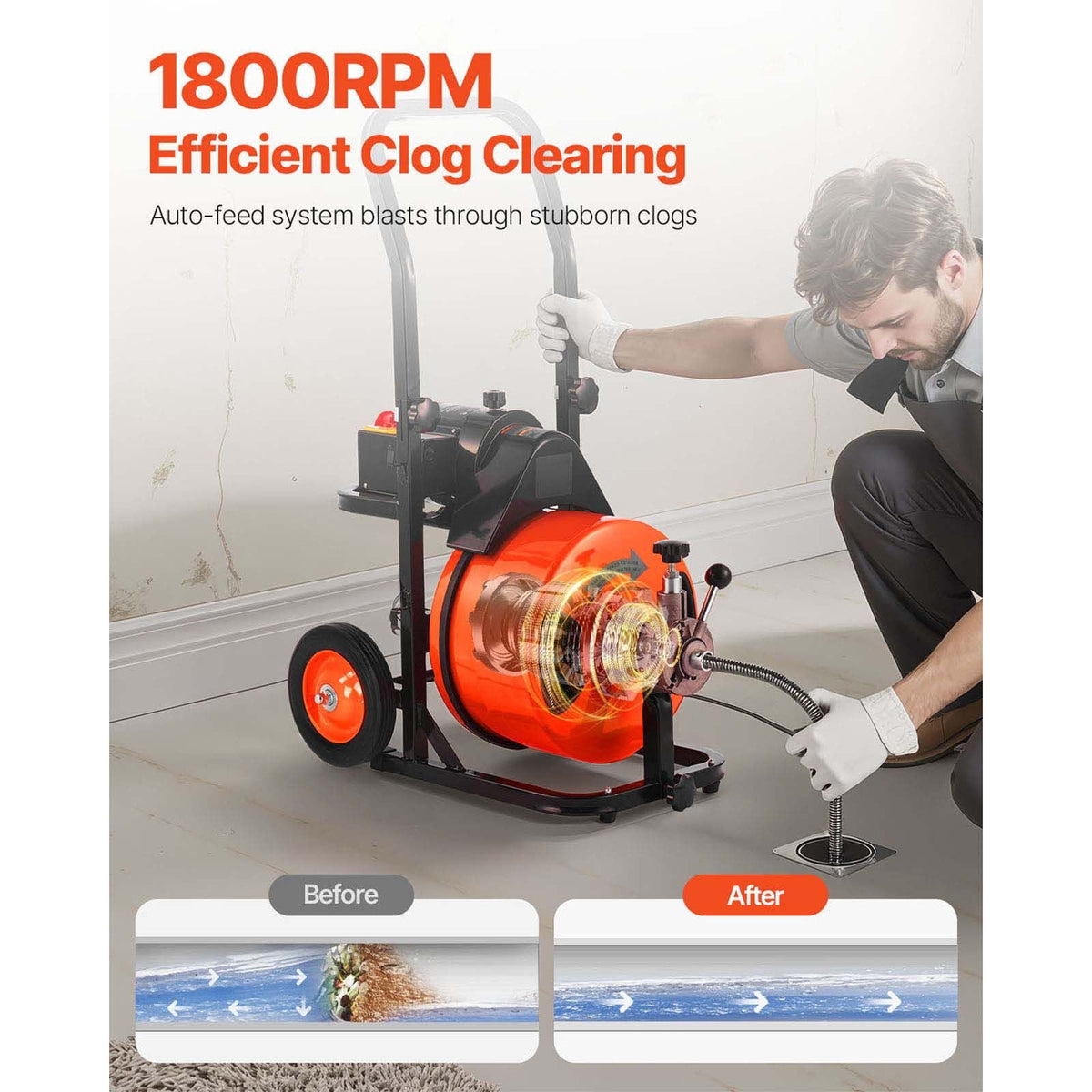 Drain Cleaner Machine 100 FT x 1/2 Inch, Sewer Auger Auto Feed with 4 Cutter & Air-activated Foot Switch for 1" to 4" Pipes, Orange, Black