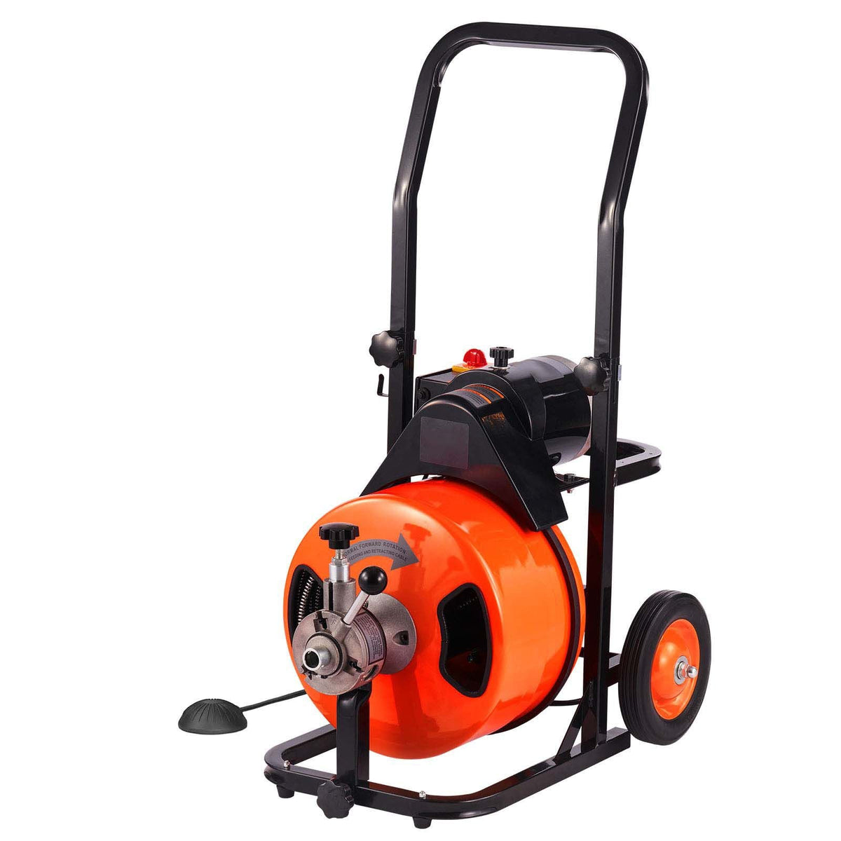Drain Cleaner Machine 100 FT x 1/2 Inch, Sewer Auger Auto Feed with 4 Cutter & Air-activated Foot Switch for 1" to 4" Pipes, Orange, Black