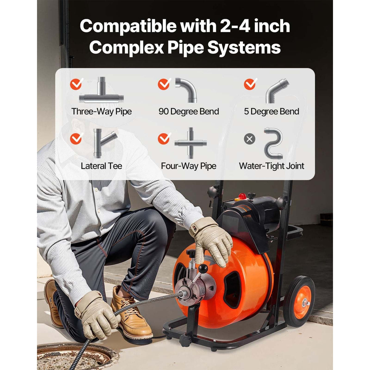 Drain Cleaner Machine 100 FT x 1/2 Inch, Sewer Auger Auto Feed with 4 Cutter & Air-activated Foot Switch for 1" to 4" Pipes, Orange, Black