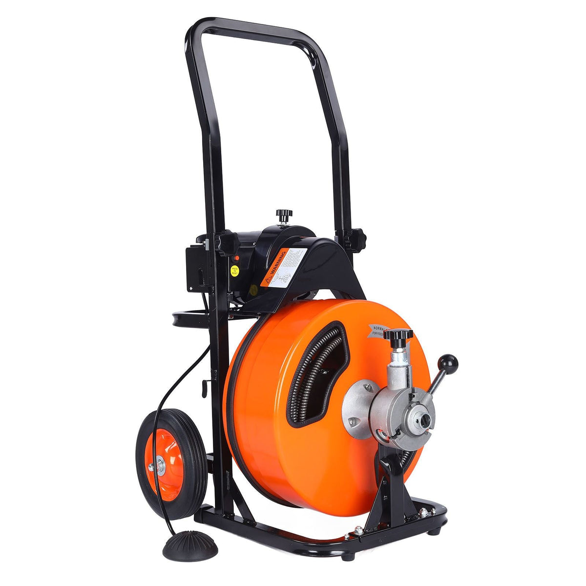 Drain Cleaner Machine 100 FT x 1/2 Inch, Sewer Auger Auto Feed with 4 Cutter & Air-activated Foot Switch for 1" to 4" Pipes, Orange, Black