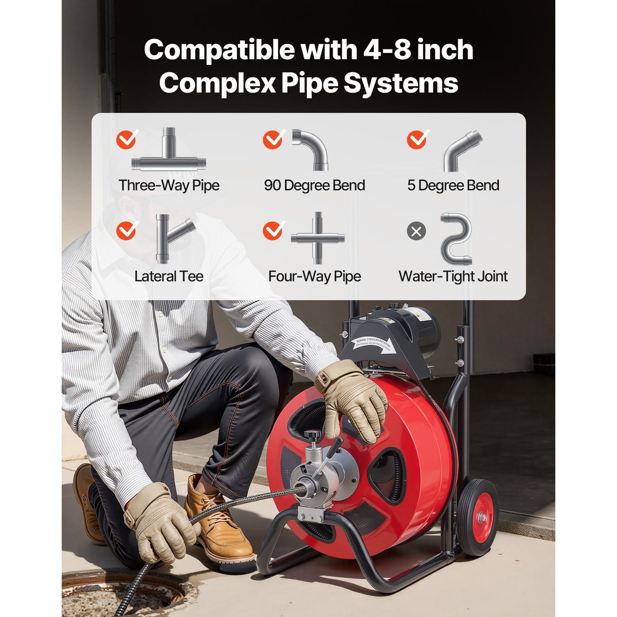 Drain Cleaner Machine 100 FT x 3/4 Inch, Auto Feed Sewer Snake Auger on Wheels, Portable Drain Cleaning Machine with 4 Cutters & Air-activated Foot Switch for 4" to 8" Pipes