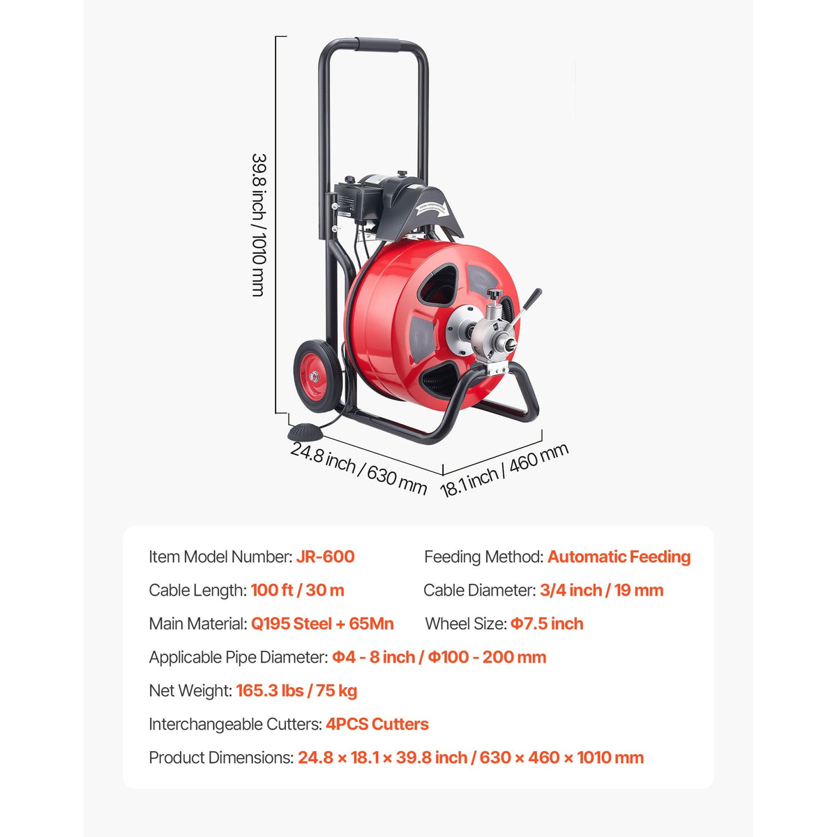 Drain Cleaner Machine 100 FT x 3/4 Inch, Auto Feed Sewer Snake Auger on Wheels, Portable Drain Cleaning Machine with 4 Cutters & Air-activated Foot Switch for 4" to 8" Pipes