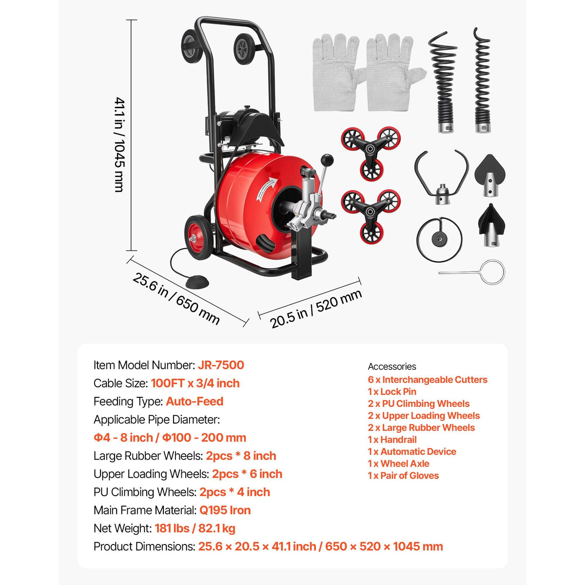 Drain Cleaner Machine 100 FT x 3/4 Inch, Auto Feed Sewer Snake Auger, Portable Drain Cleaning Machine with Multi-Wheel Combination, 6 Cutters & Air-Activated Foot Switch for 4" to 8" Pipes