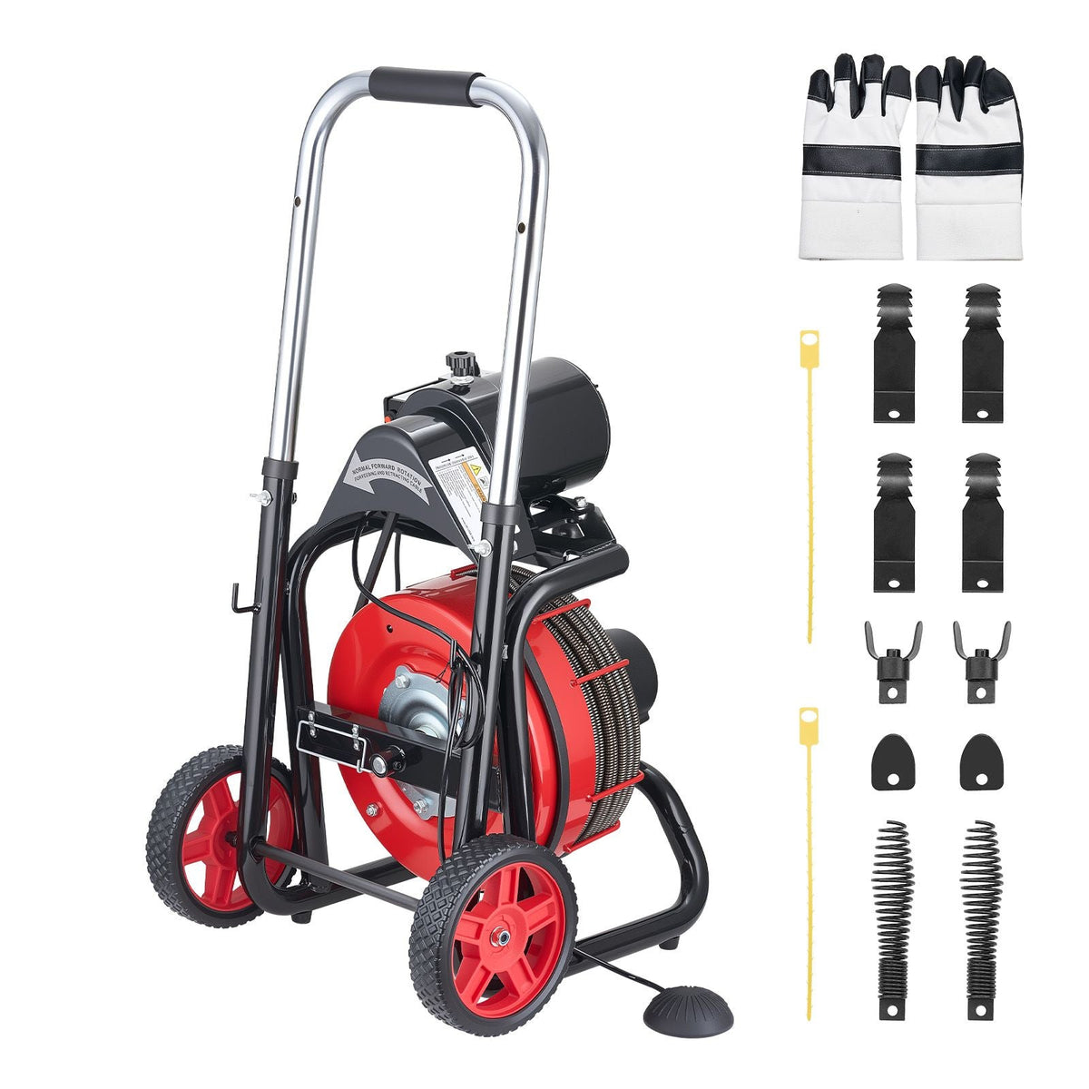 Drain Cleaner Machine 100 FT x 3/8 Inch, Auto Feed Sewer Snake Auger on Wheels - with 8 Cutters & Air-Activated Foot Switch for 2" to 4" Pipes