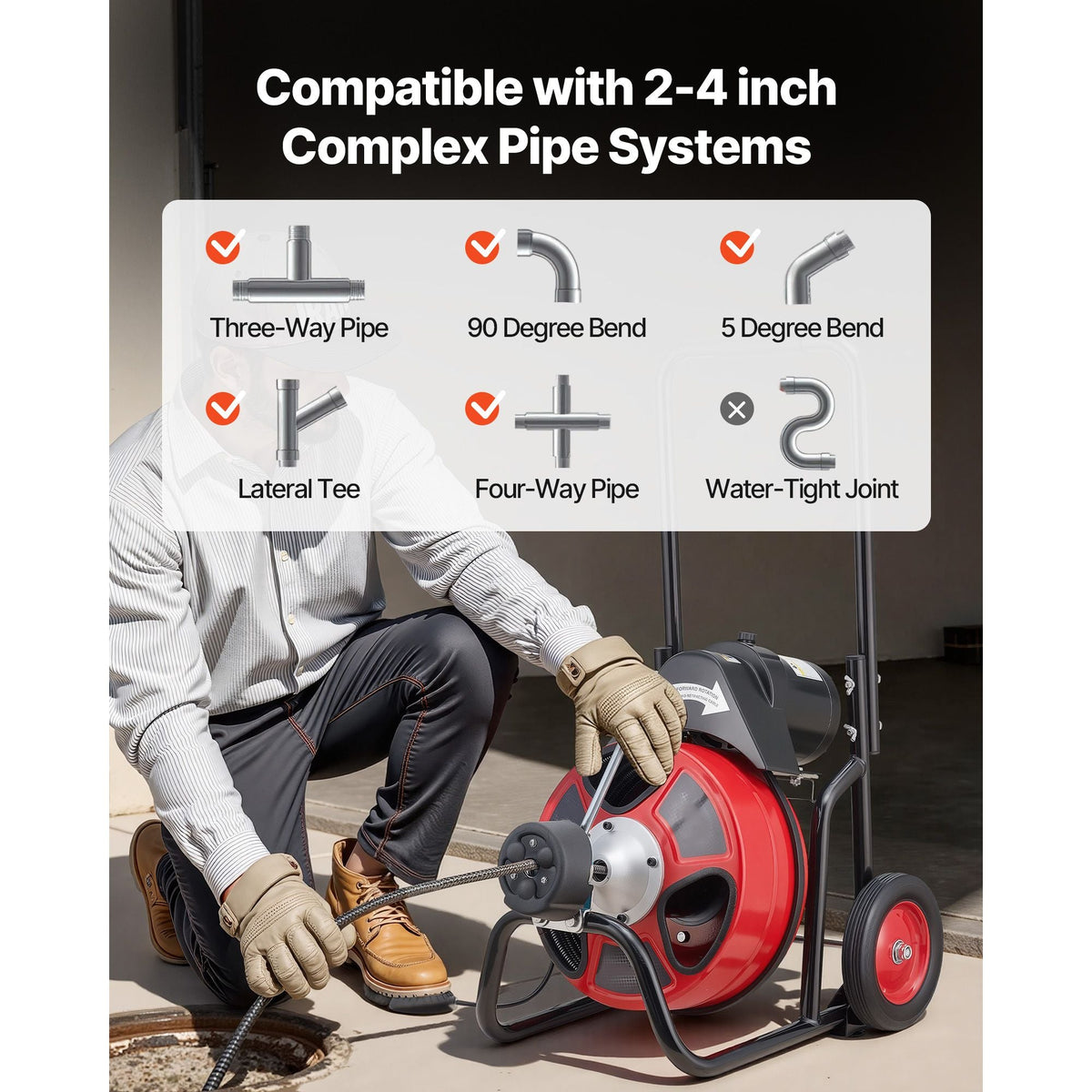 Drain Cleaner Machine 100 FT x 3/8 Inch, Auto Feed Sewer Snake Auger on Wheels, Portable Drain Cleaning Machine with 4 Cutters & Air-activated Foot Switch for 2" to 4" Pipes
