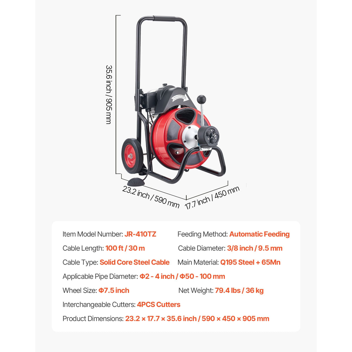 Drain Cleaner Machine 100 FT x 3/8 Inch, Auto Feed Sewer Snake Auger on Wheels, Portable Drain Cleaning Machine with 4 Cutters & Air-activated Foot Switch for 2" to 4" Pipes