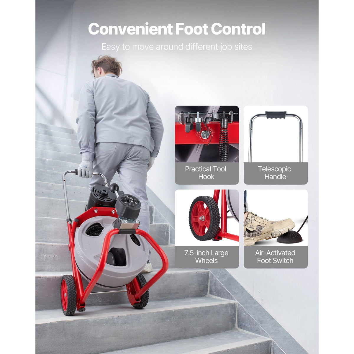 Drain Cleaner Machine 100 FT x 3/8 Inch, Auto Feed Sewer Snake Drain Auger on Wheels, Portable Drain Cleaning Machine with 8 Cutters & Air-Activated Foot Switch for 2" to 4" Pipes