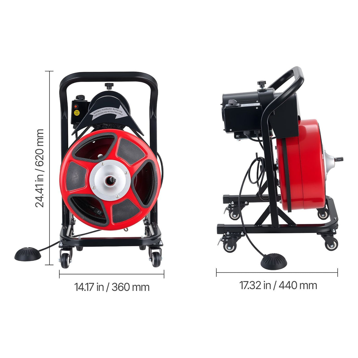 Drain Cleaner Machine 50 FT x 1/2 Inch, Manual Feed Sewer Snake Auger on Wheels - with 4 Cutters & Air-activated Foot Switch for 2" to 6" Pipes