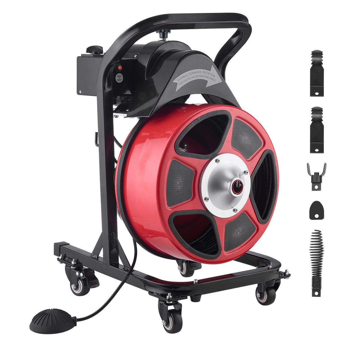 Drain Cleaner Machine 50 FT x 1/2 Inch, Manual Feed Sewer Snake Auger on Wheels - with 4 Cutters & Air-activated Foot Switch for 2" to 6" Pipes