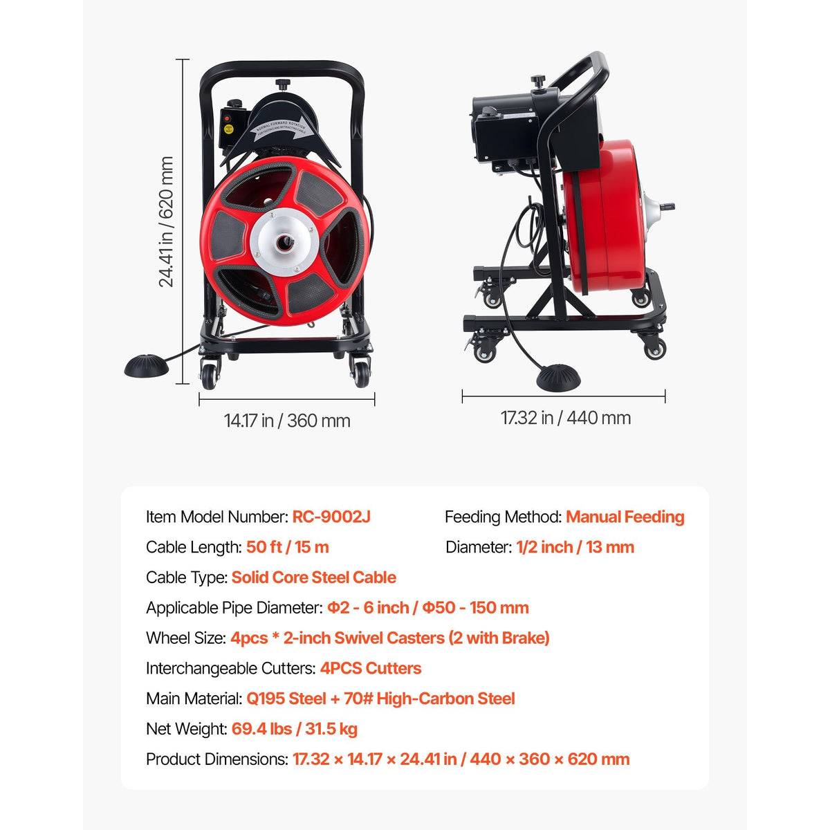 Drain Cleaner Machine 50 FT x 1/2 Inch, Manual Feed Sewer Snake Auger on Wheels - with 4 Cutters & Air-activated Foot Switch for 2" to 6" Pipes