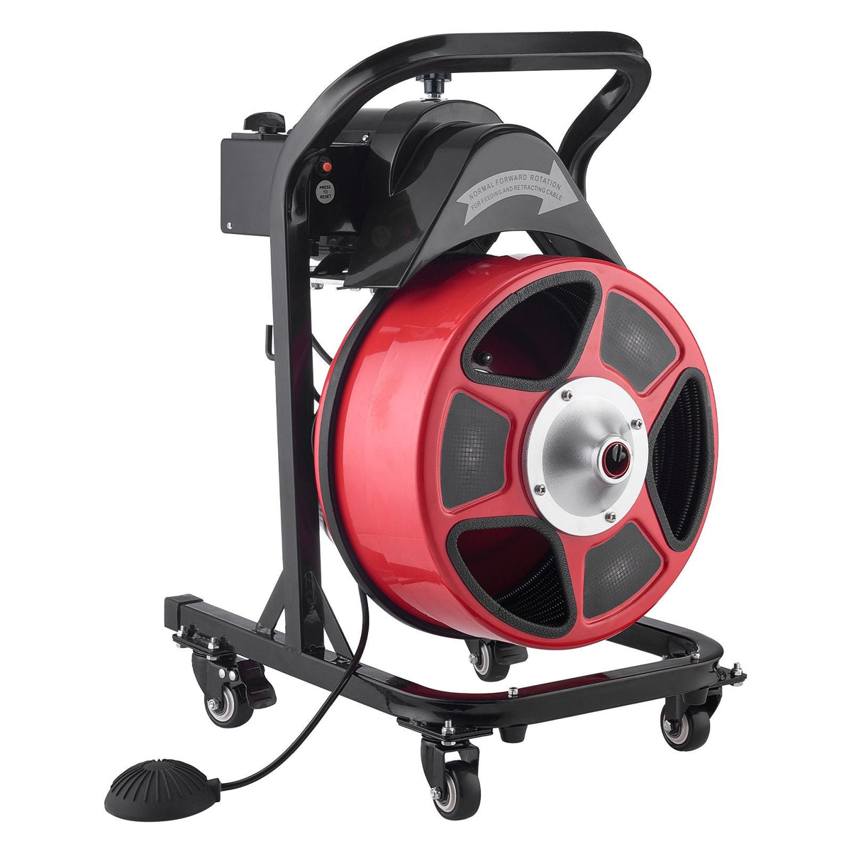 Drain Cleaner Machine 50 FT x 1/2 Inch, Manual Feed Sewer Snake Auger on Wheels - with 4 Cutters & Air-activated Foot Switch for 2" to 6" Pipes