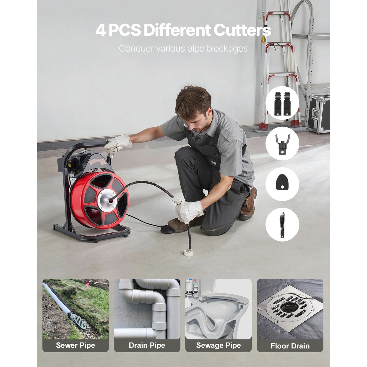 Drain Cleaner Machine 50 FT x 1/2 Inch, Manual Feed Sewer Snake Auger with 4 Cutters & Air-Activated Foot Switch for 2" to 6" Pipes