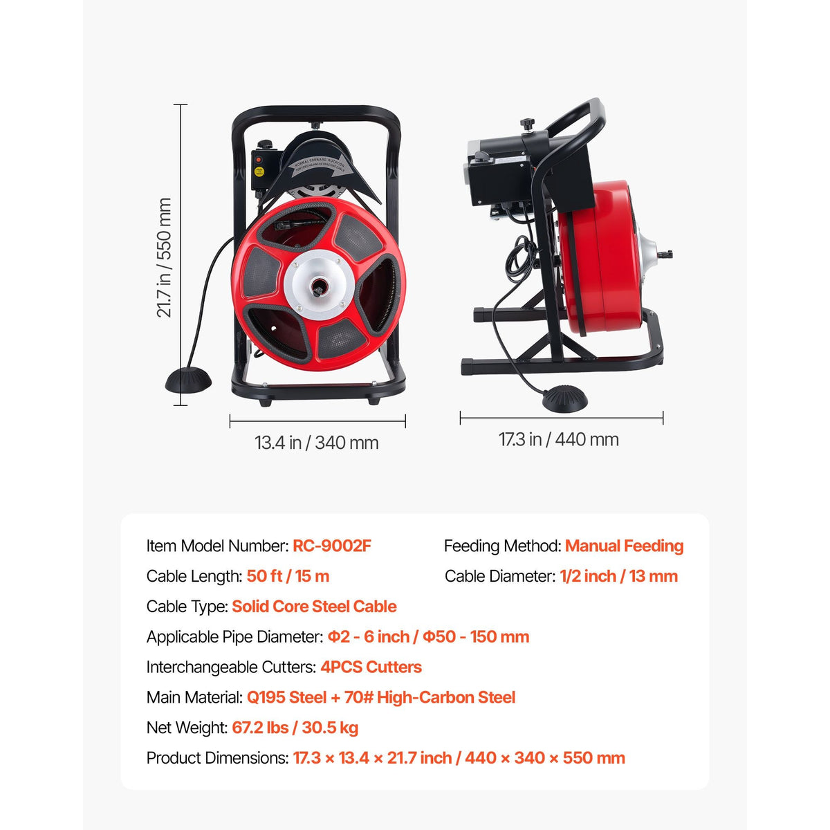 Drain Cleaner Machine 50 FT x 1/2 Inch, Manual Feed Sewer Snake Auger with 4 Cutters & Air-Activated Foot Switch for 2" to 6" Pipes
