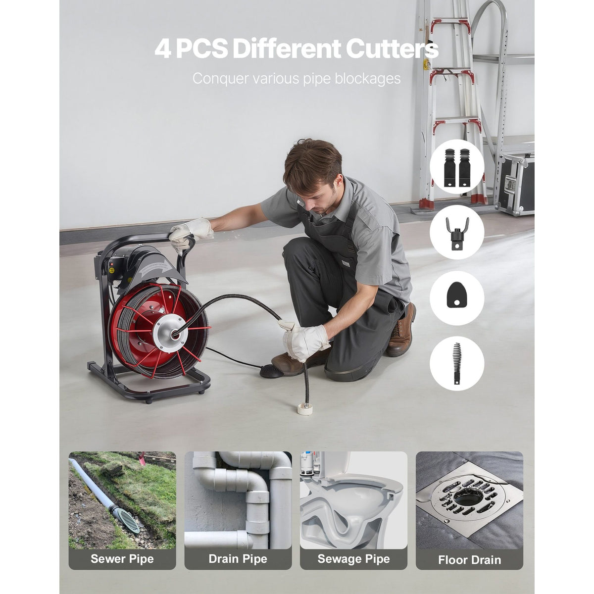 Drain Cleaner Machine 50 FT x 1/2 Inch, Sewer Snake Auger Manual Feed with 4 Cutters & Air-activated Foot Switch for 2" to 6" Pipes